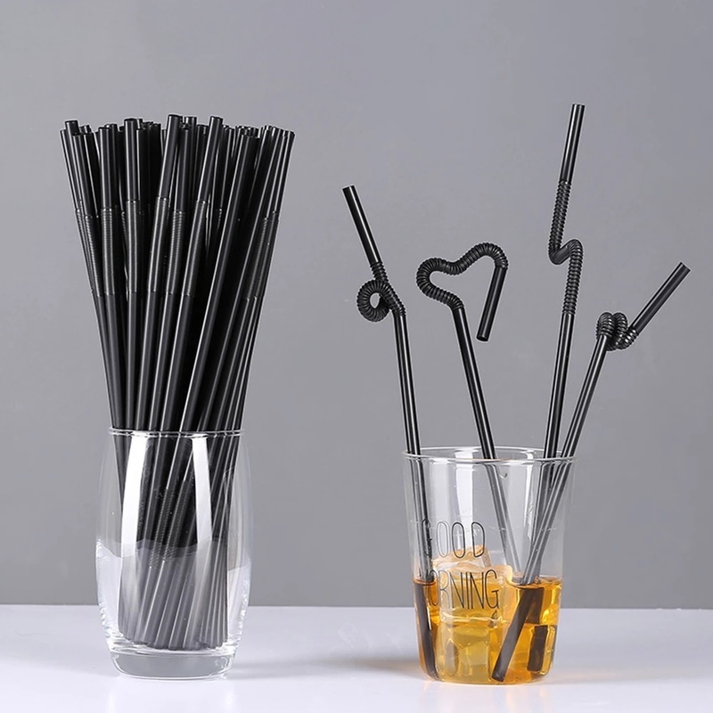 100 Pcs Disposable Plastic Bendable Recyclable Black Drinking Straw / For Family Party Event Picnic