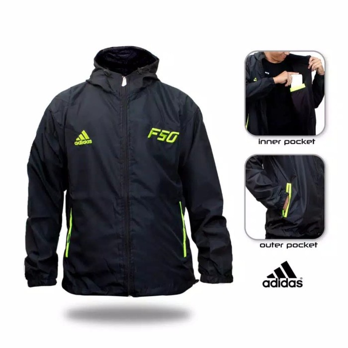 Jaket Parasut Adidas F50 Hitam pria - Hitam-Stabilo, L(P5I8) COD Jaket Pria Santai Jaket Pria Terlar