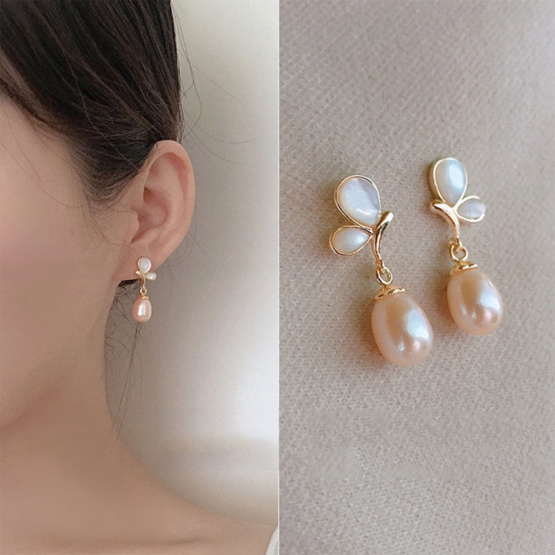 Anting Juntai Bentuk Kupu-Kupu Hias Mutiara Warna Pink Untuk Wanita Butterfly