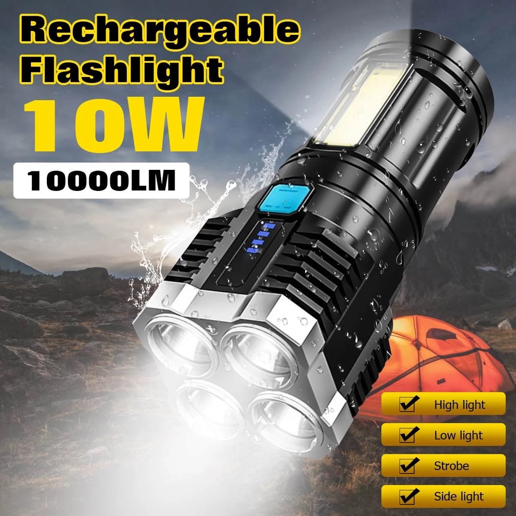 Lampu Senter 4-led Cob Genggam Portable Bahan ABS Anti Air Charge USB Untuk Outdoor / Camping / Hiking