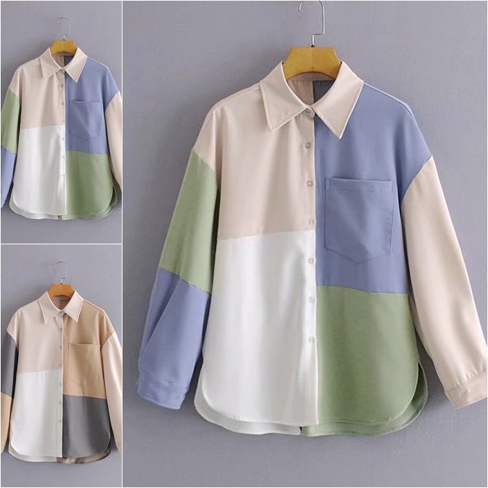 Kemeja Wanita Casual - Thalia Shirt Mosscrepe Warna Kombinasi - Atasan Wanita Lengan Panjang <