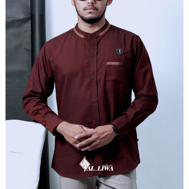 KEMEJA KOKO KURTA PRIA BERKUALITAS LENGAN PANJANG WARNA MAROON UKURAN M L XL