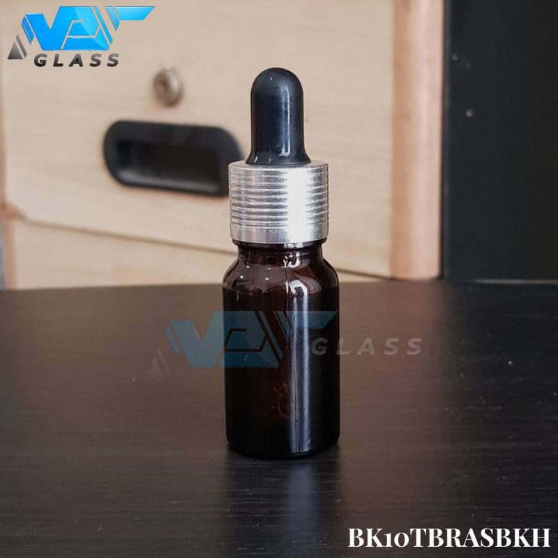 botol kaca pipet 10ml tebal coklat / amber - ring almunium silver bergaris