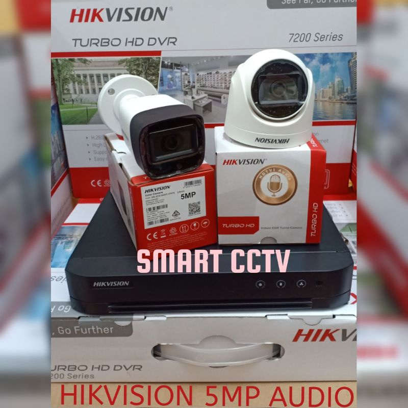 PAKET CCTV HIKVISION 5MP 4 CHANNEL 2 KAMERA NON AUDIO / AUDIO SERIES KOMPLIT GARANSI RESMI 2 TAHUN