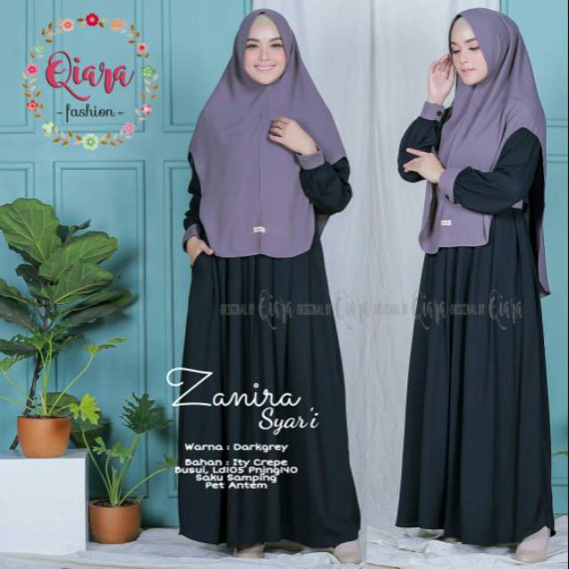 Zanira Syari Original Qiara Gamis + Khimar Polos Longdress Maxi Material Ity Crepe Premium