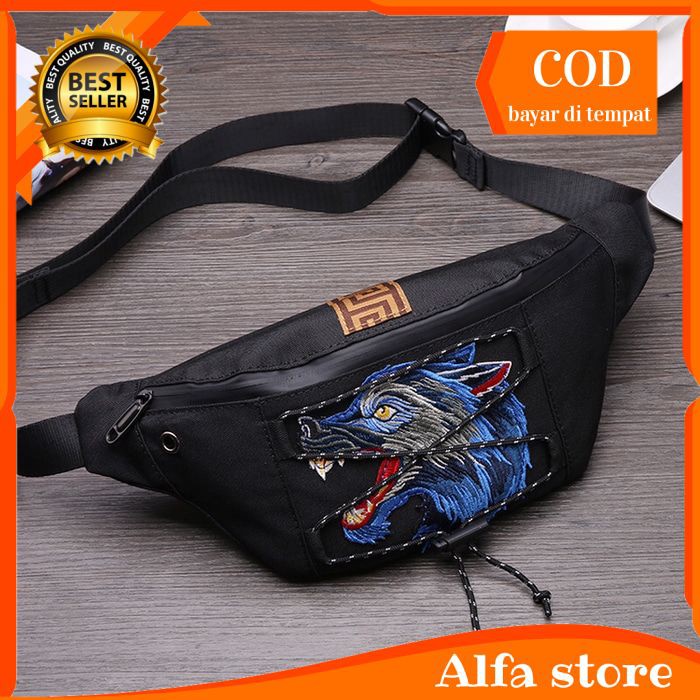 tas selempang sling bag waist bag kanvas hitam pria slempang cowok import tas bahu sb84