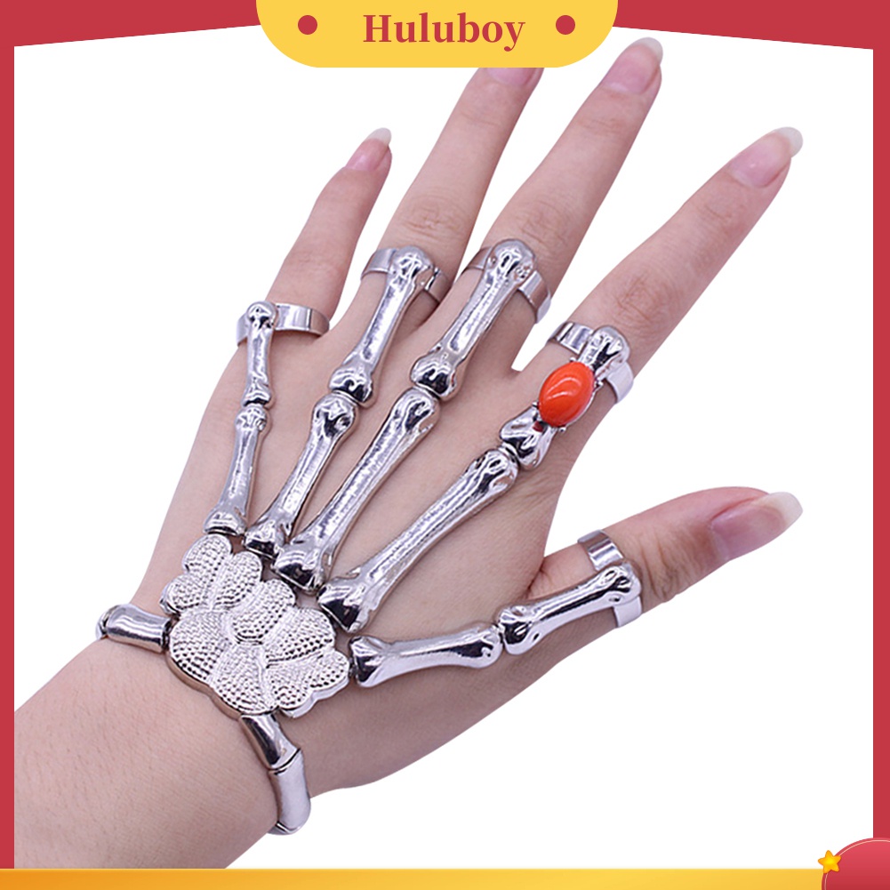 HLB◕Punk Faux Ruby Skeleton Skull Bone Hand Fingers Rings Bracelet Party Bangle