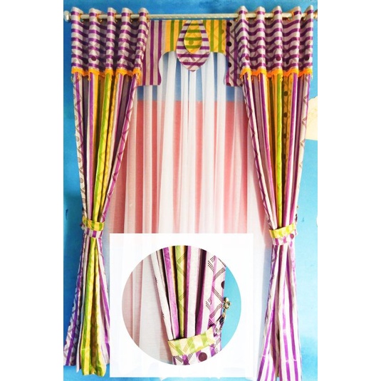 gorden blackout motif kotak mbinasi horizontal ungu hijau cantik dekorasi rumah mewah murah model sm