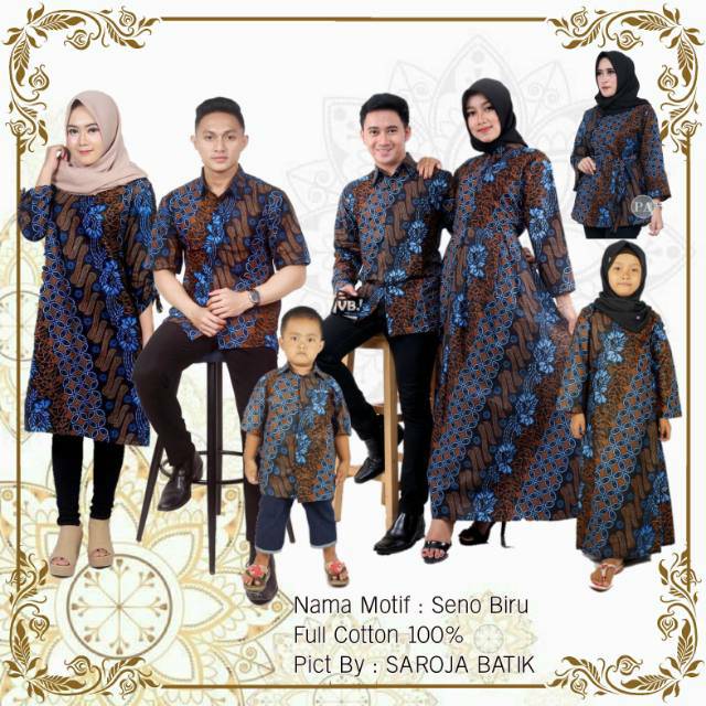 Saroja (078) Couple Keluarga Batik Gamis Batik Katun Premium Motif Seno Biru