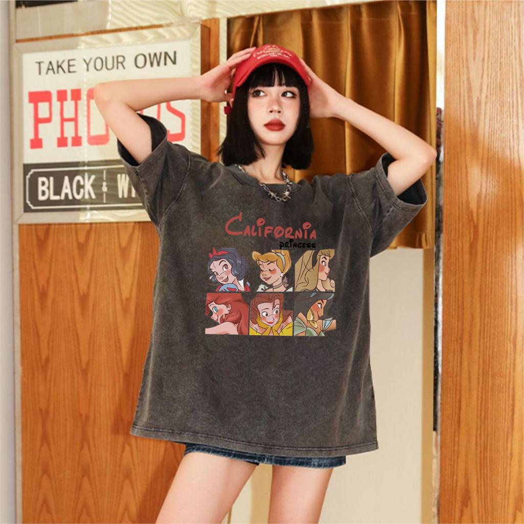 XIAOZHAINV Korean Style Disney Princess Pattern Washed Printing Kaos Wanita A0197/Atasan Wanita Terbaru