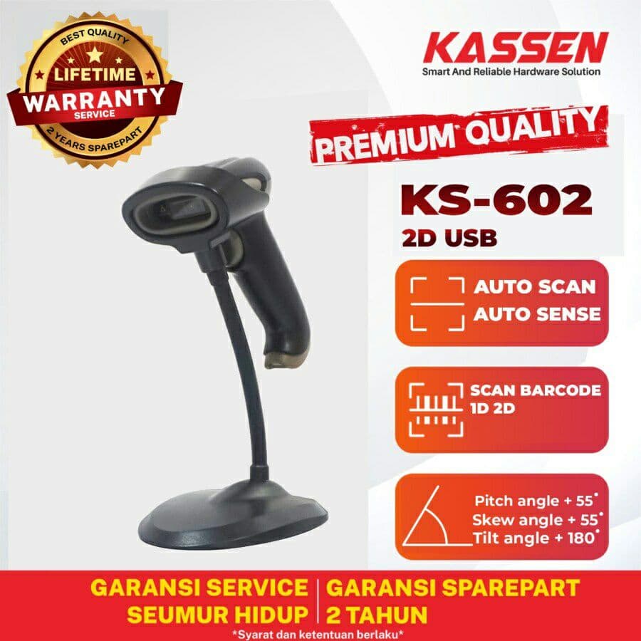 KASSEN KS-602 BARCODE SCANNER 1D/2D | AUTO SCAN & SENSE | KABEL USB+STAND