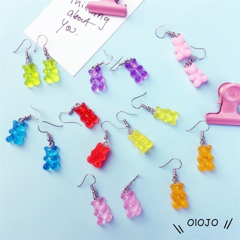 1 Pasang Anting Kait Gantung Wanita Desain Beruang Gummy Hias Kristal Warna Permen Untuk Hadiah - ol