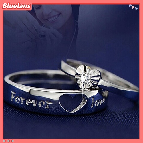Cincin Adjustable Desain Forever Love Heart Bahan Zircon Lapis Silver Untuk Pasangan
