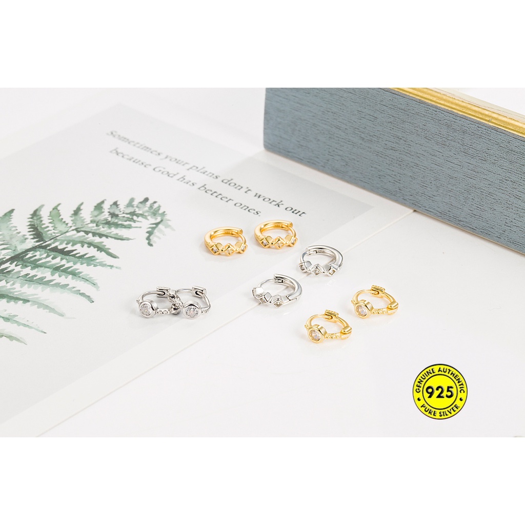 Anting Klip Bentuk Bulat Bahan Sterling Silver Aksen Zircon Anti Alergi