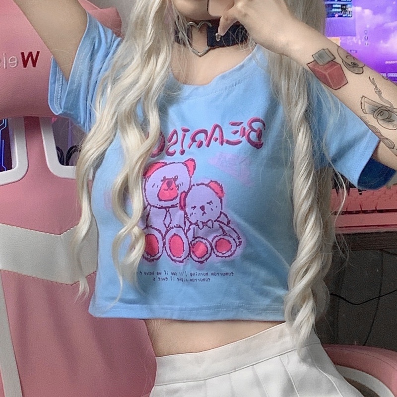 [littlecrab] Kaos Crop Wanita Beruang Bearison Crop Top Lucu Biru Pink Korean Style
