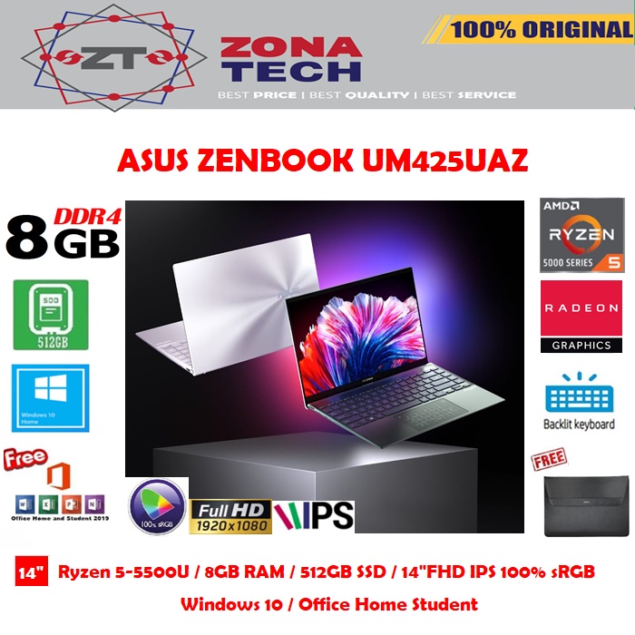 ASUS ZENBOOK UM425UAZ - RYZEN 5- 5500U - 8GB - 512SSD - 14&quot;FHD IPS - 100%sRGB - BACKLIT - WIN11 - OHS