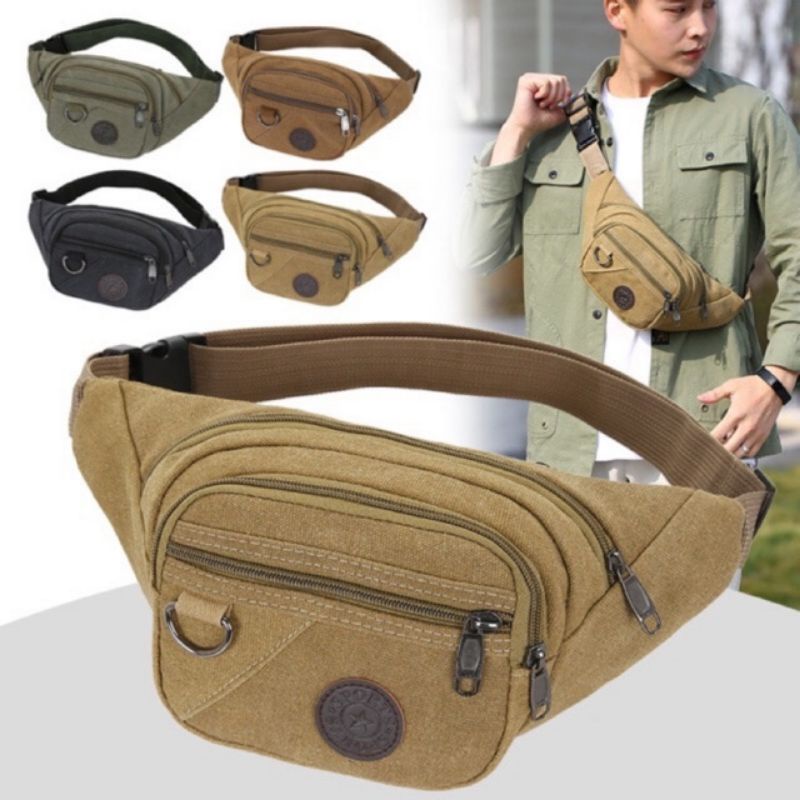 Tas Selempang Pria Waistbag Cowok Bahan Canvas Import Berkualitas