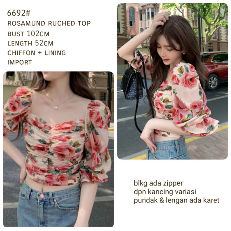 MDLV ~ 6692 Rosamund Ruched Top Crop Top Flower Korea Look Fashion import