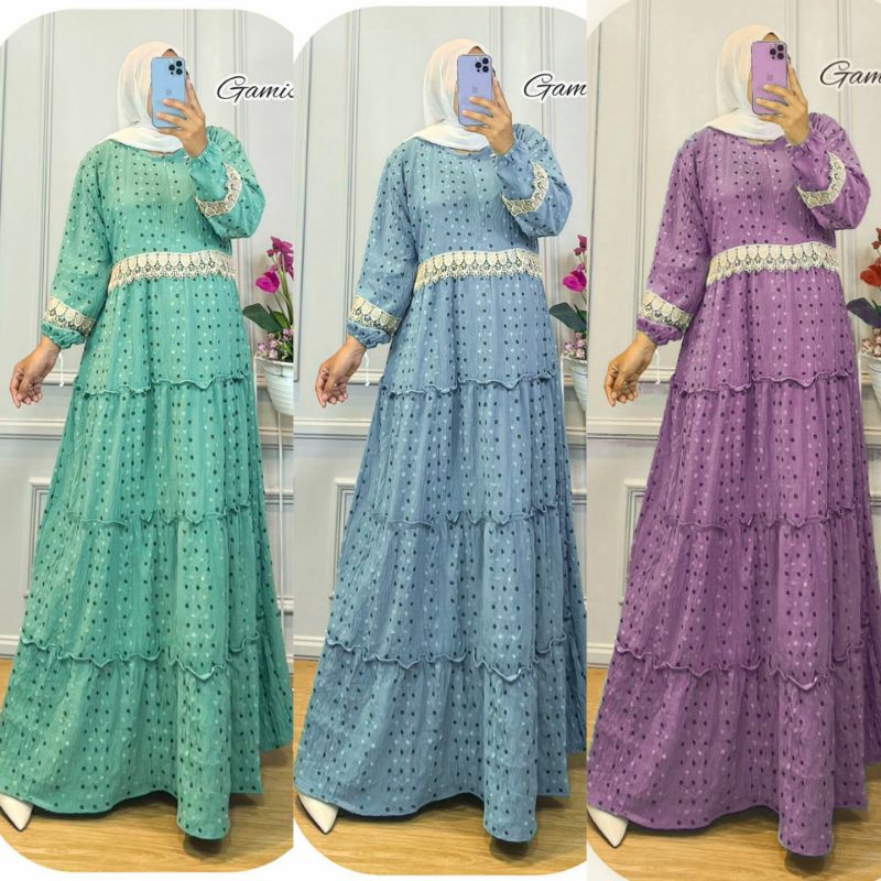 (Bisa COD) Gamis Crinkle Rubiah Terbaru/Gamis Crinkel Dot Twotone Rempel Susun/Gamis Cringkel Uragir