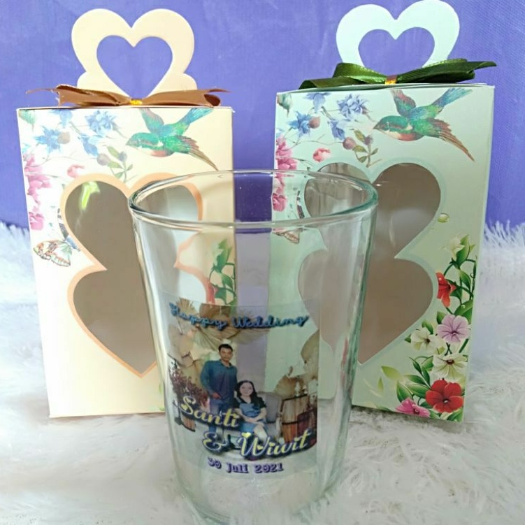 GELAS STANDAR MINUM | GELAS SOUVENIR PERNIKAHAN SABLON DECAL.