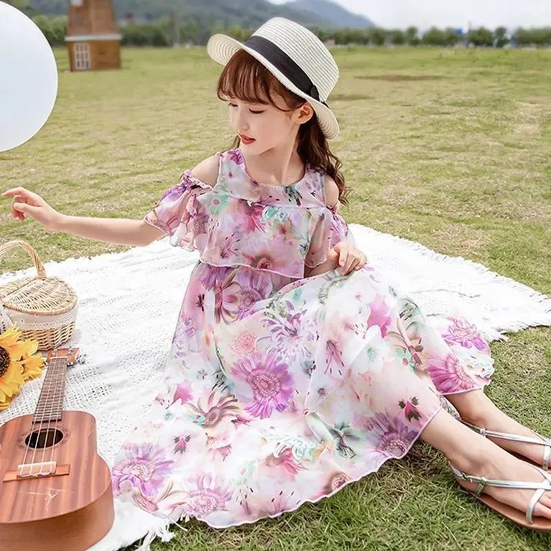 Girls Chiffon Dress summer dress 2021 new Korean version net red foreign style big girls broken flow