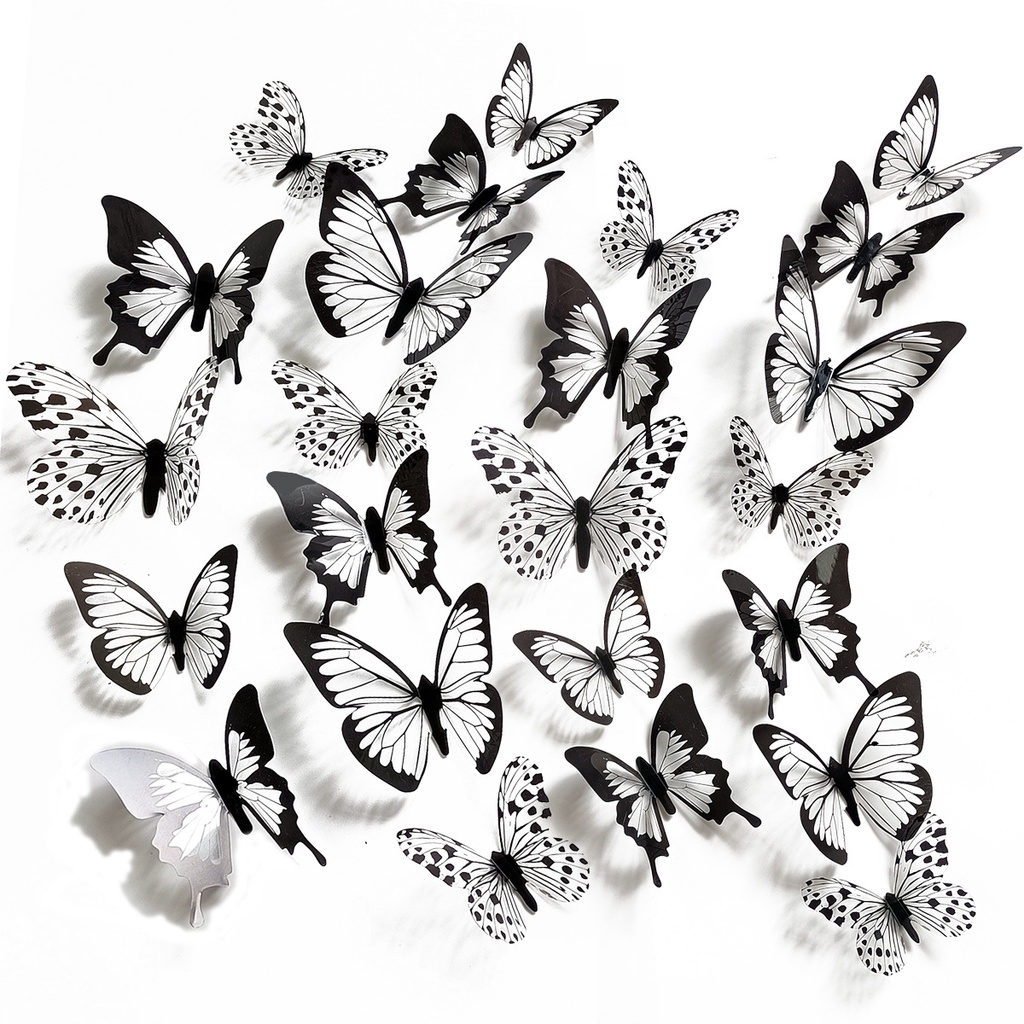 [24 pcs/ lot Black white 3D butterfly Wall Stickers] [DIY Wall Decal Stickers Used for Wedding Home Living Room TV Background Wall Decoration]