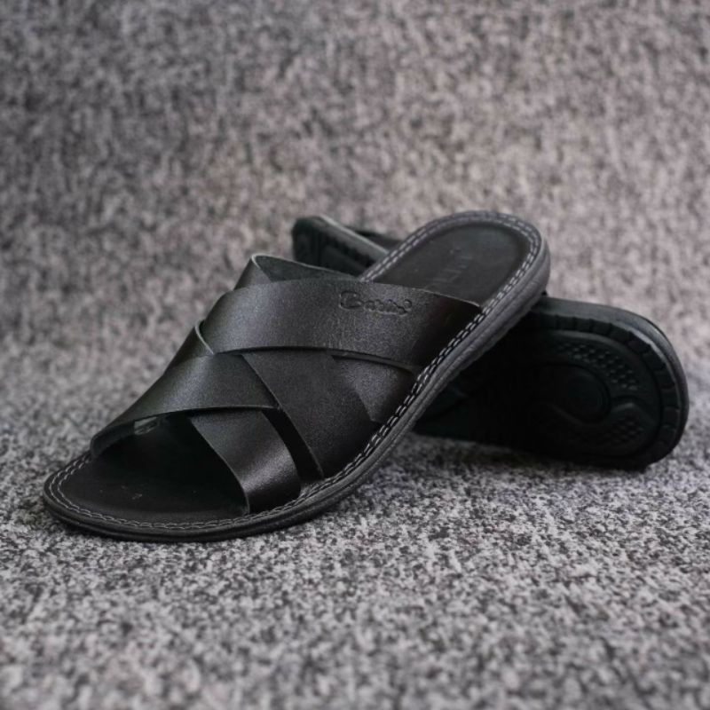 BRLN 004 Black Sandal Pria Full Kulit Asli Warna Hitam Sendal Slide Casual Model Klasik