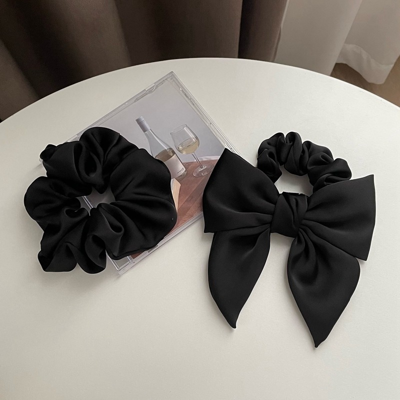 BLACK BOW FRENCH SCRUNCHIE WARNA POLOS HITAM ikat rambut elastis kain pita tebal aksesoris korea elegan pattern korean elegant high end elastic hair band ties accessories cotton thick thin big premium import black white basic scrunchies