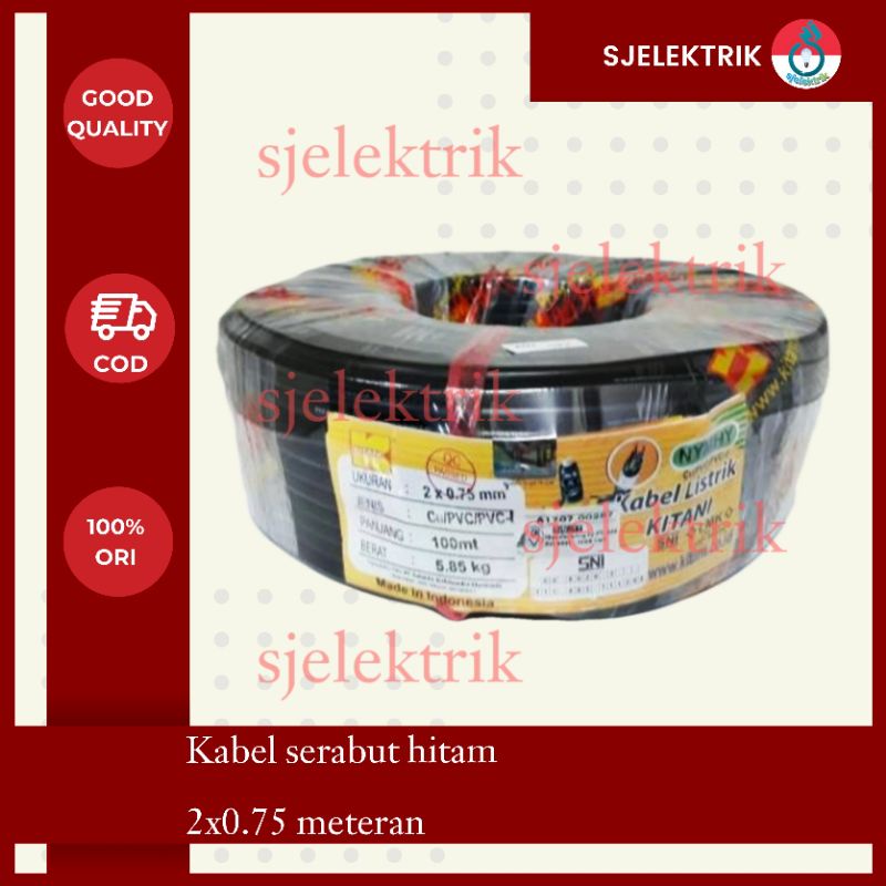 Kabel serabut hitam kitani 2x0.75 per meter / meteran - kabel serabut hitam 2x0.75 50m