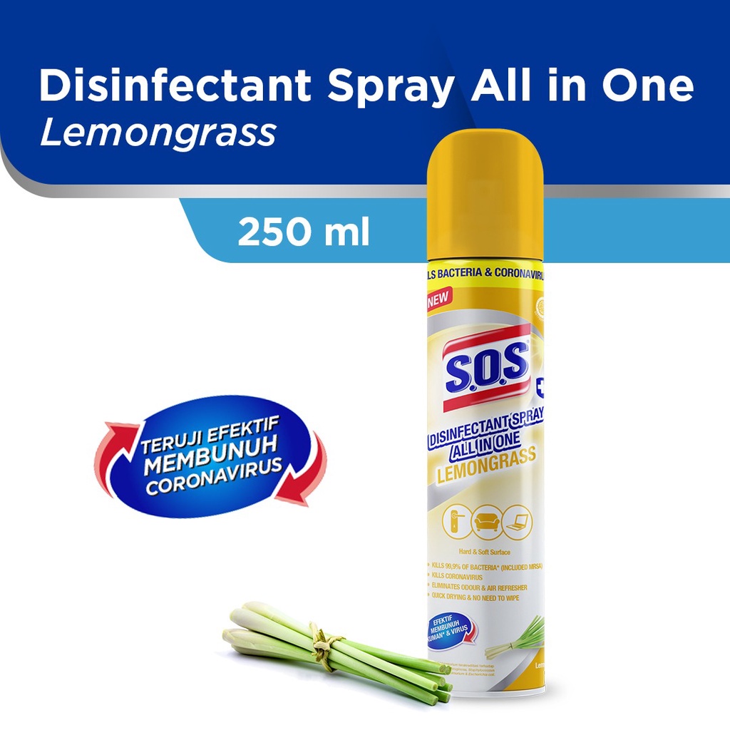 SOS Disinfectant Spray All in One Eucalyptus &amp; Lemongrass AEROSOL 250ml Disinfektan Udara 250 ml Air Sanitizer Anti Virus, Bakteri &amp; Kuman Anti Bacterial Desinfektan Ruangan Desinfectant Semprot Seperti Saniter Cap Lang