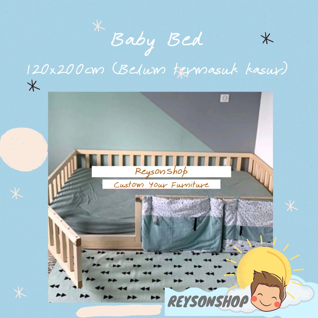 Rangka Kasur / Ranjang Anak uk 120 model Pagar / Kayu Solid