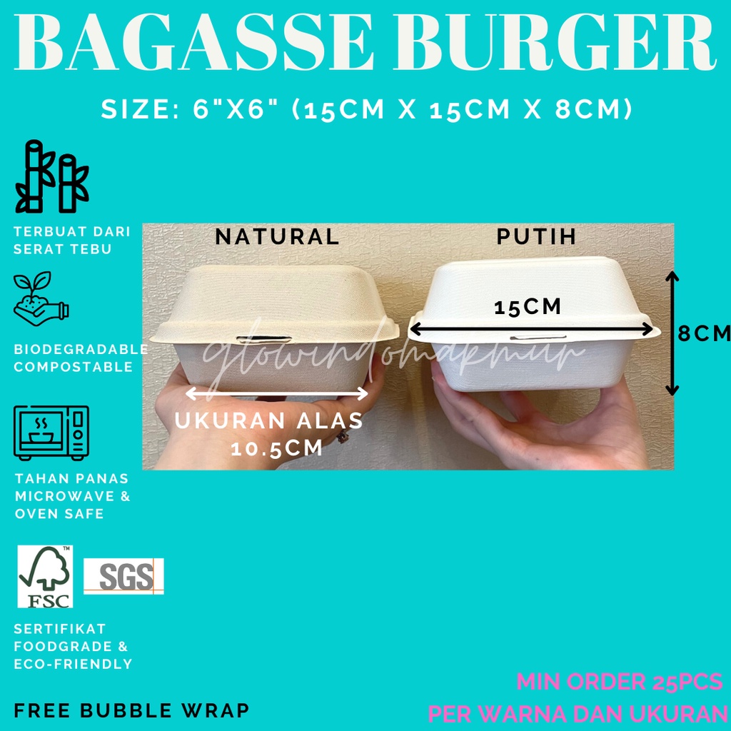 Bagasse Burger Kotak Kecil 15cm x 15cm 6inch Lunchbox Sugarcane Serat Tebu ECO FRIENDLY BENTO CAKE