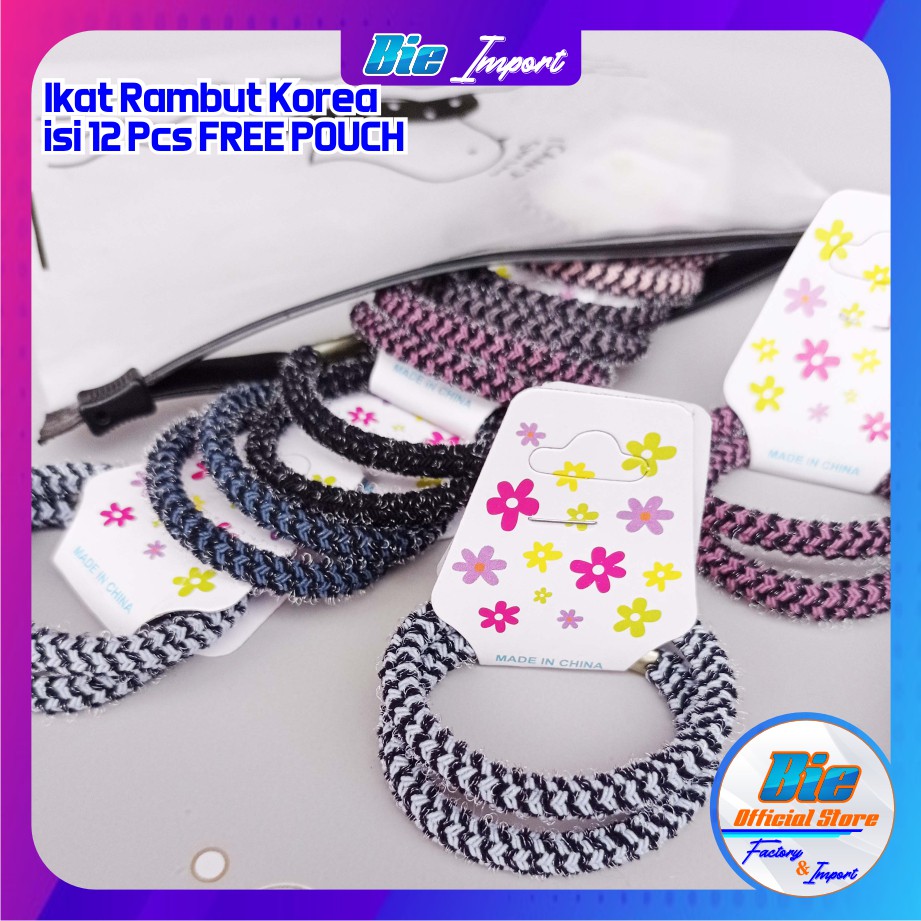 Ikat Rambut Korea Motif isi 12 Pcs Free Pouch