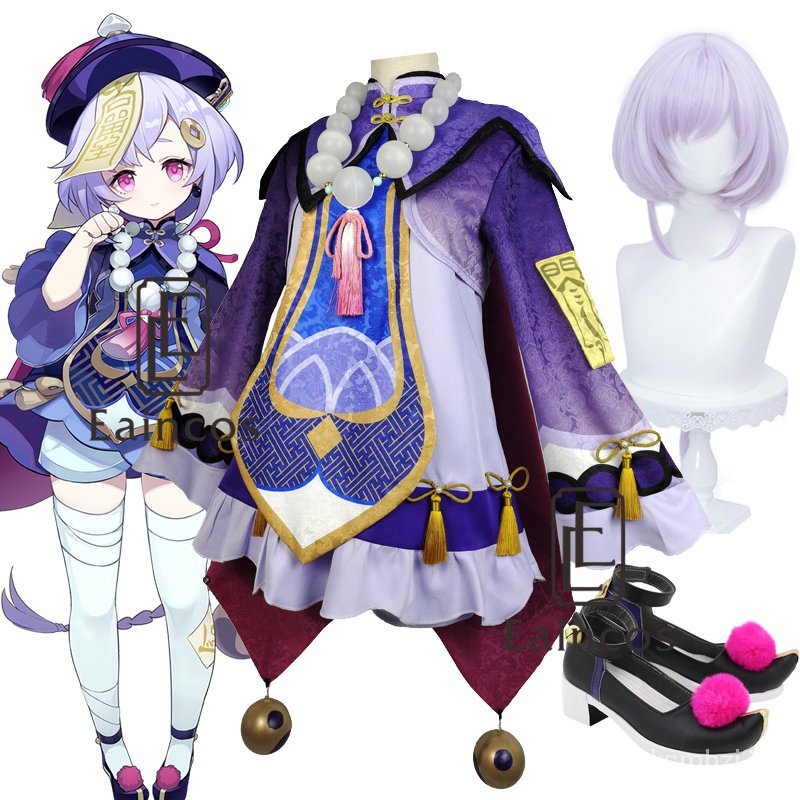 Genshin Impact Qiqi Cosplay Costume Wigs Shoes Anime Suit Uniform Halloween Women High Quality Outfi