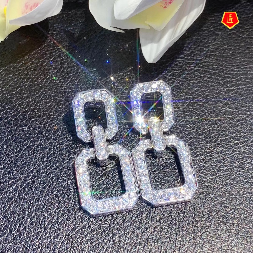 [Ready Stock]Luxury Geometric Ear Studs Micro-Inlaid Full Diamond Necklace