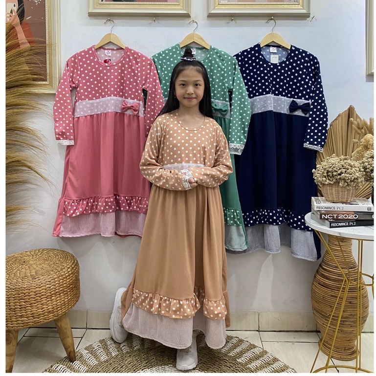 Gamis anak perempuan model pita motif polkadot bahan voxy premium merk latin (8-10 tahun)