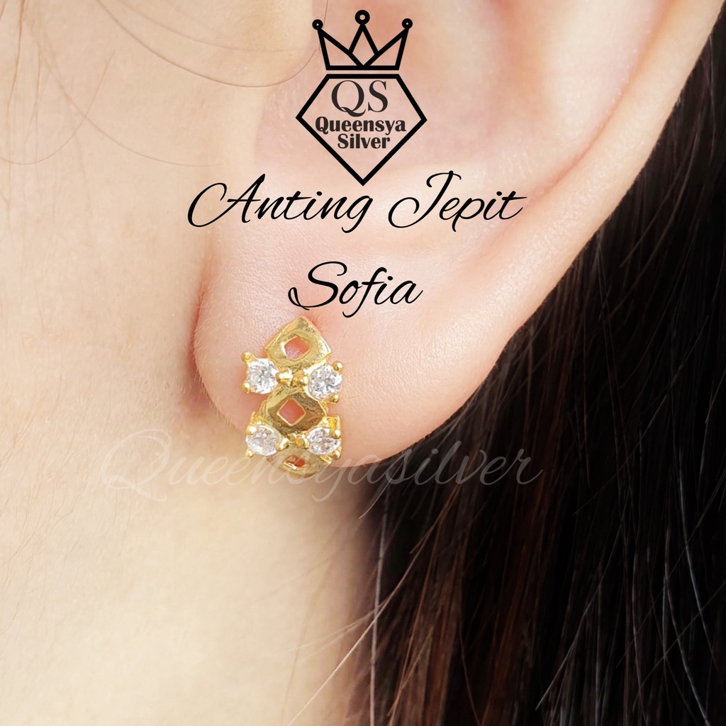 Anting Perak Silver Asli 925 || Lapis Emas Kuning 18K || Model Jepit Permata || Perhiasan Perak Wanita