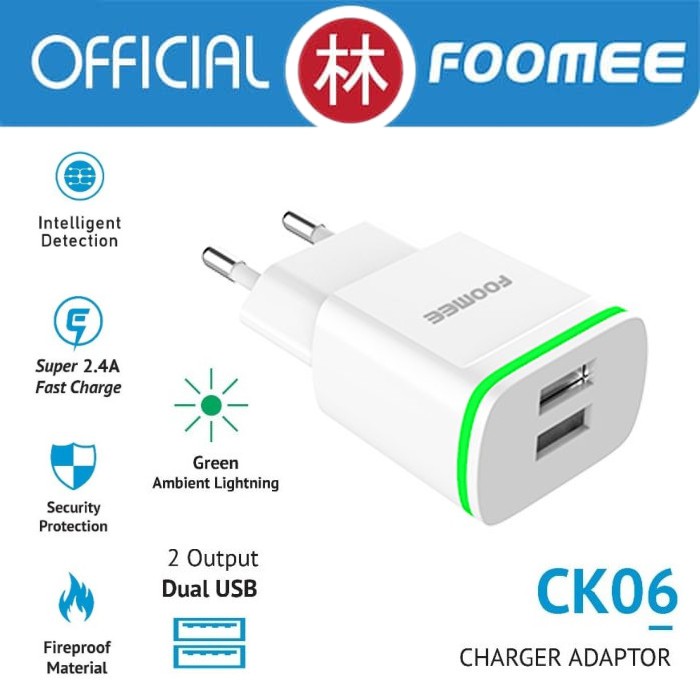 Foomee CK06 Charger Dual USB Output With Green Light LED Fast Charge