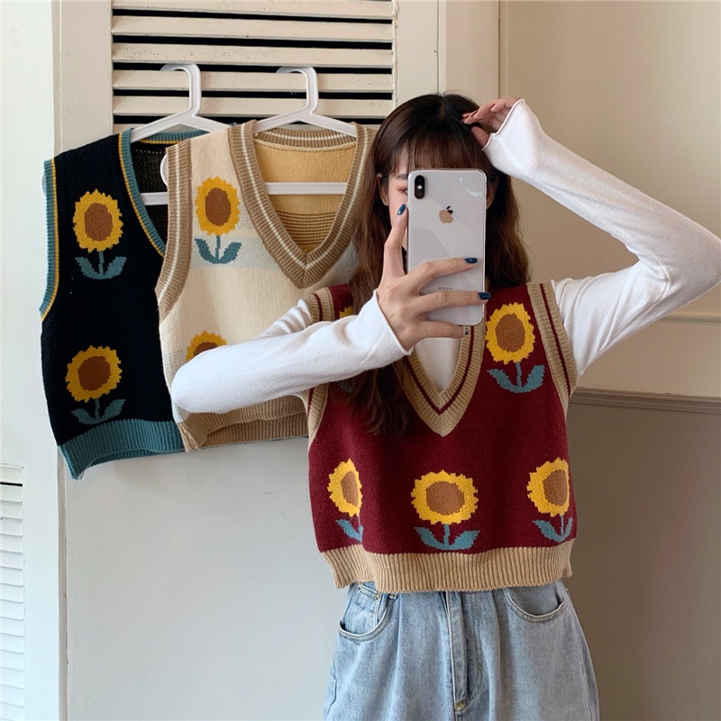 Rompi Rajut Wanita Korean Style V-neck Knit Vest Crop Top