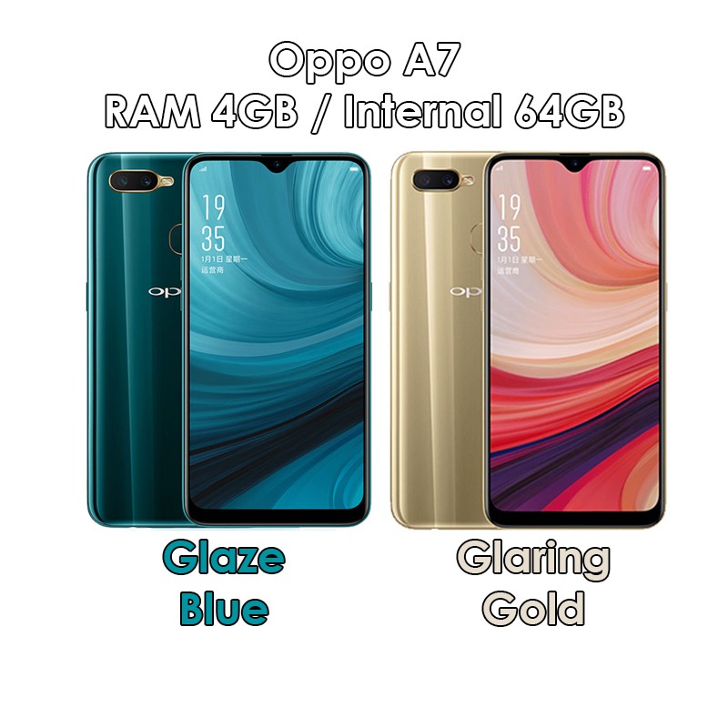 Oppo A7 - RAM 4GB ROM 64GB (4/64) - Glaze Blue / Glaring Gold - Baru NEW - Resmi