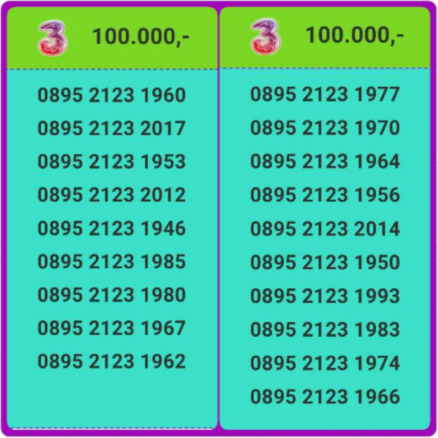 Kartu Perdana three Nomor Cantik Tri 0895 2123 19xx Tahun Lahir 4G Lte