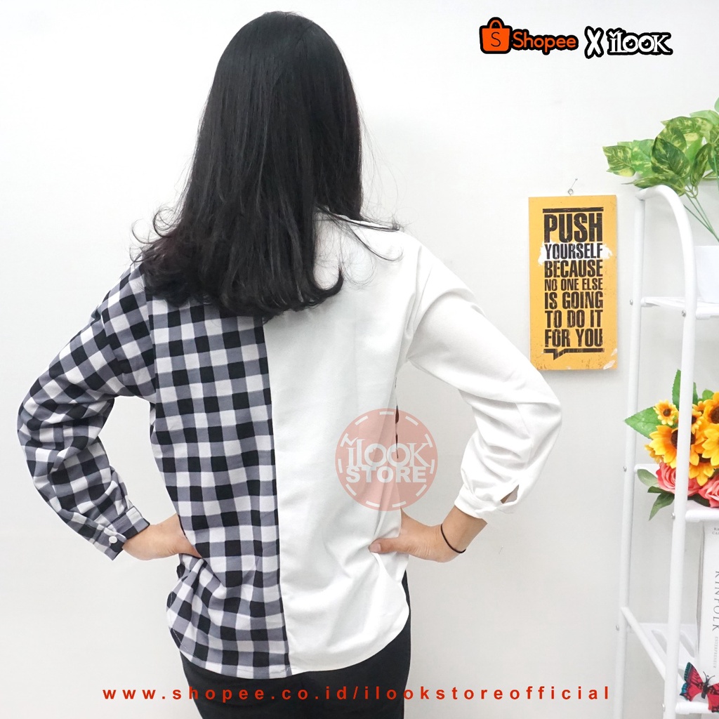 ilook | Lucky Top Blouse Weona | Chess Playfull Assymetrical Top | Blouse Wanita Bahan Creap | Blouse Weona | Motif Kotak