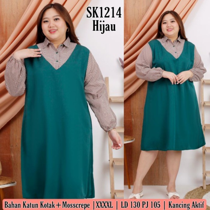 Tunik Wanita SUPER JUMBO KALUNA KATUN KOTAK KOMBI MOSCREPE FIT LD 130 Hijau V1X9 Promo Terlaris Mura