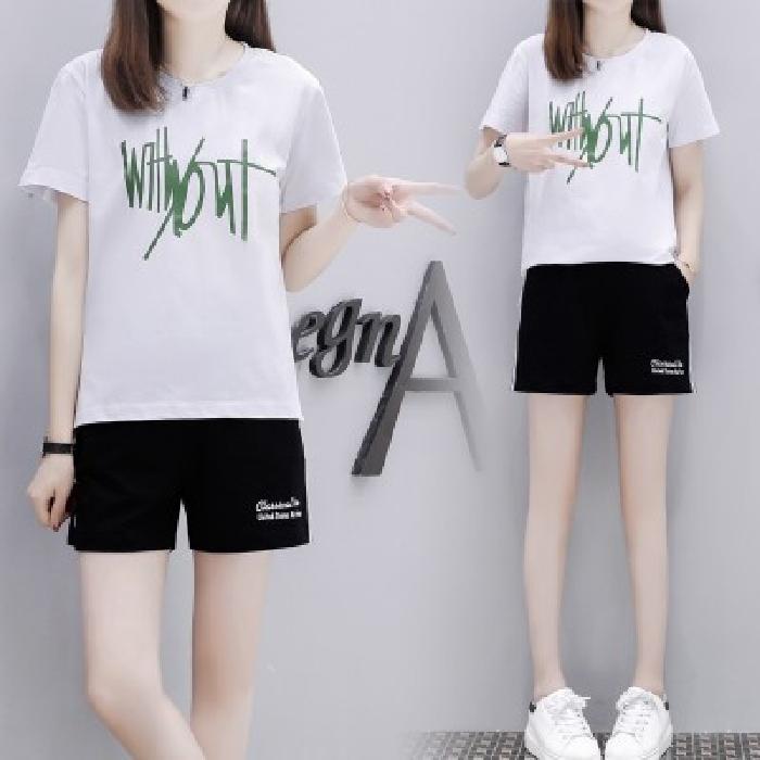 Set 2pcs Kaos  T shirt Casual Wanita  Lengan Pendek  Dan  