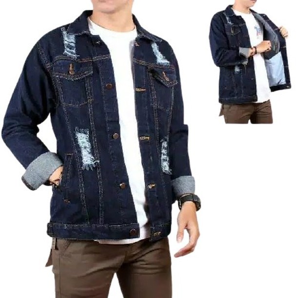 JAKET JEANS PRIA SOBEK MOTIP RIPPED MURAH GAYA WARNA BIRU MUDA & BIRU TUA BIOBLITZ M L XL XXl