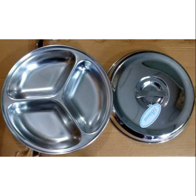Plato stainless sekat tiga dengan tutup