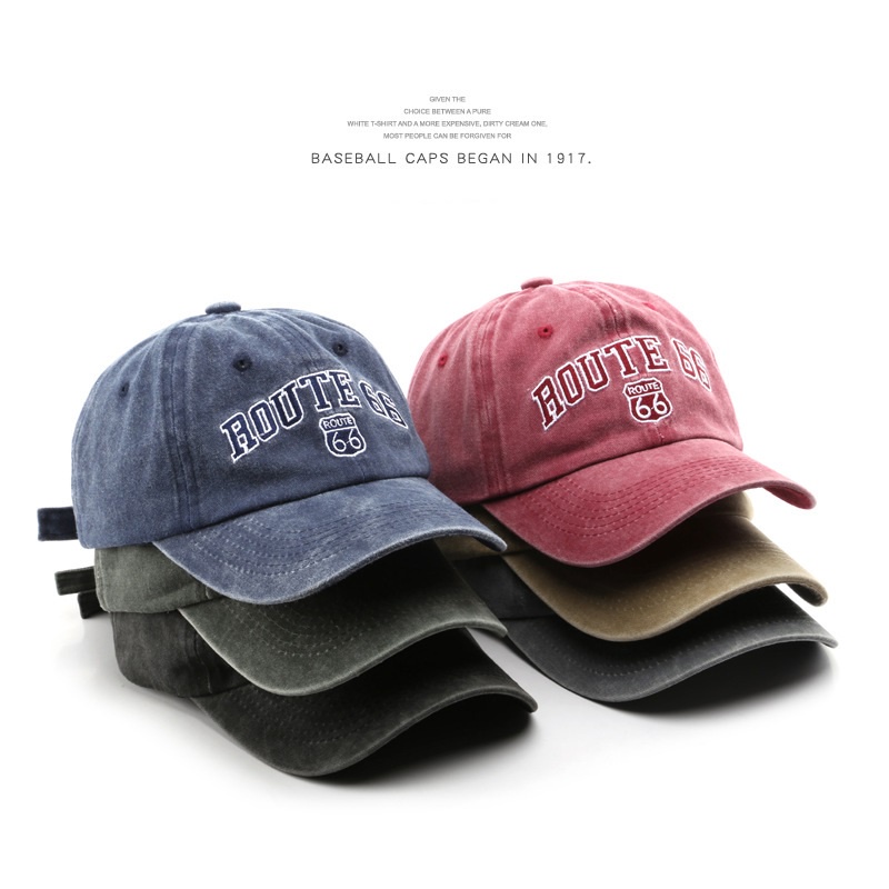 HATSAVENUE-225 Baseball Cap Model Wash Denim Luntur Bordir Route 66 Katun Keren