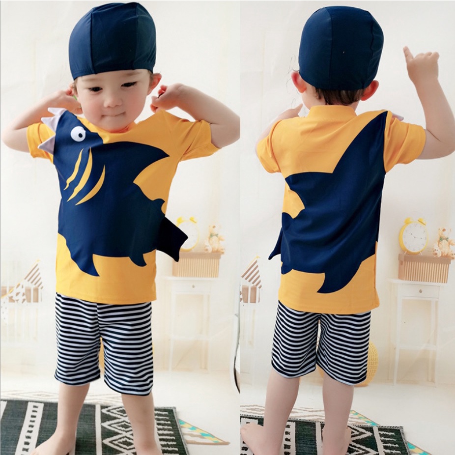 Baju renang anak dan topi renang import motif shark