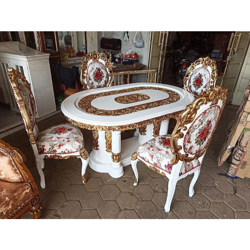 meja makan Rosalinda kursi 4 kayu jati + kaca meja