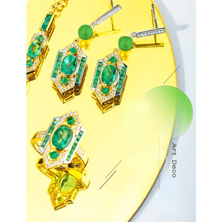 Goldkingdom Perhiasan Fashion Emas Asli Kadar 375 Bangkok Aksesoris Ready Stock Klasik Art Deco Style Suit Emerald Pendant Cincin Berlian Hijau Anting